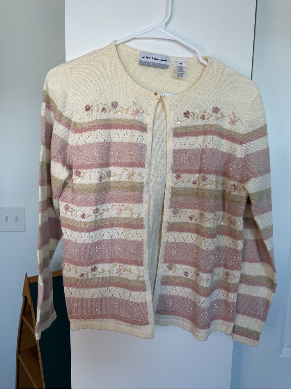 Alfred Dunner Cream, Pink & Tan Striped Floral Button Cardigan